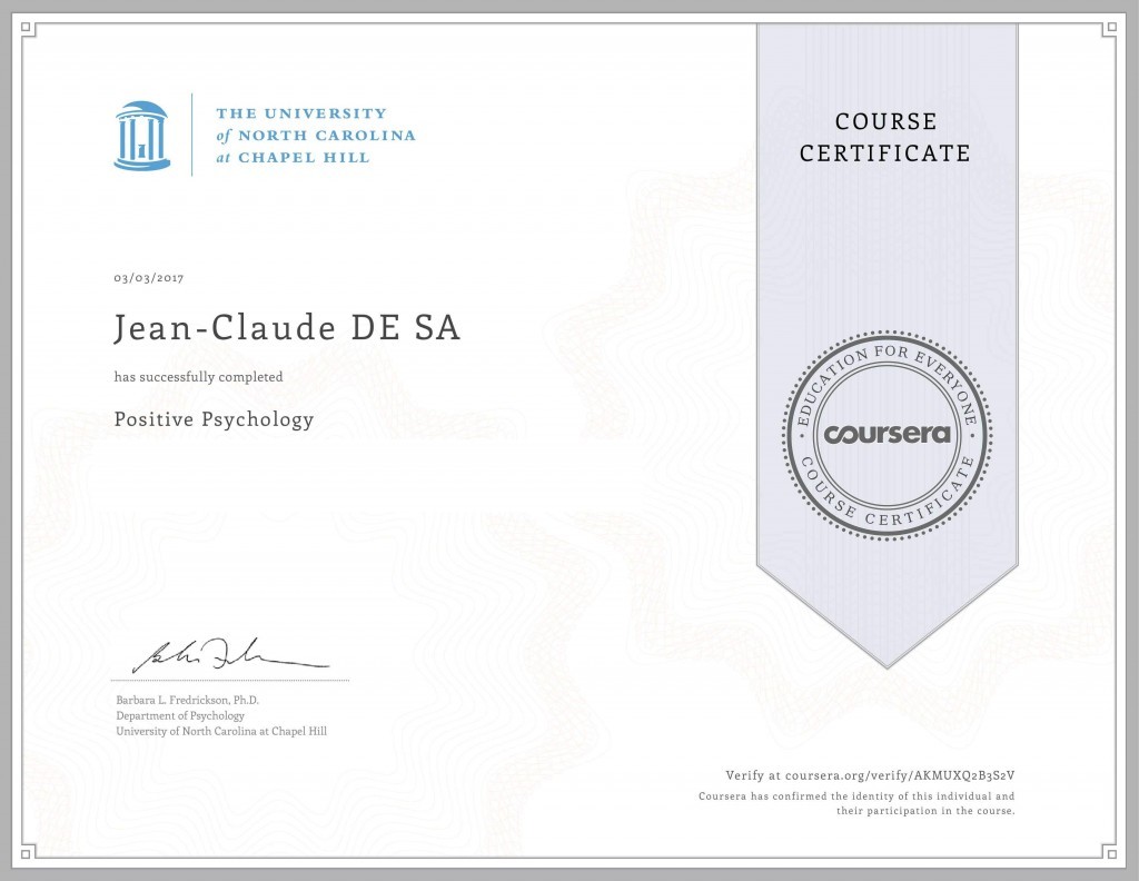 Certificat de Psychologie Positive. Caroline du Nord Psychologie et